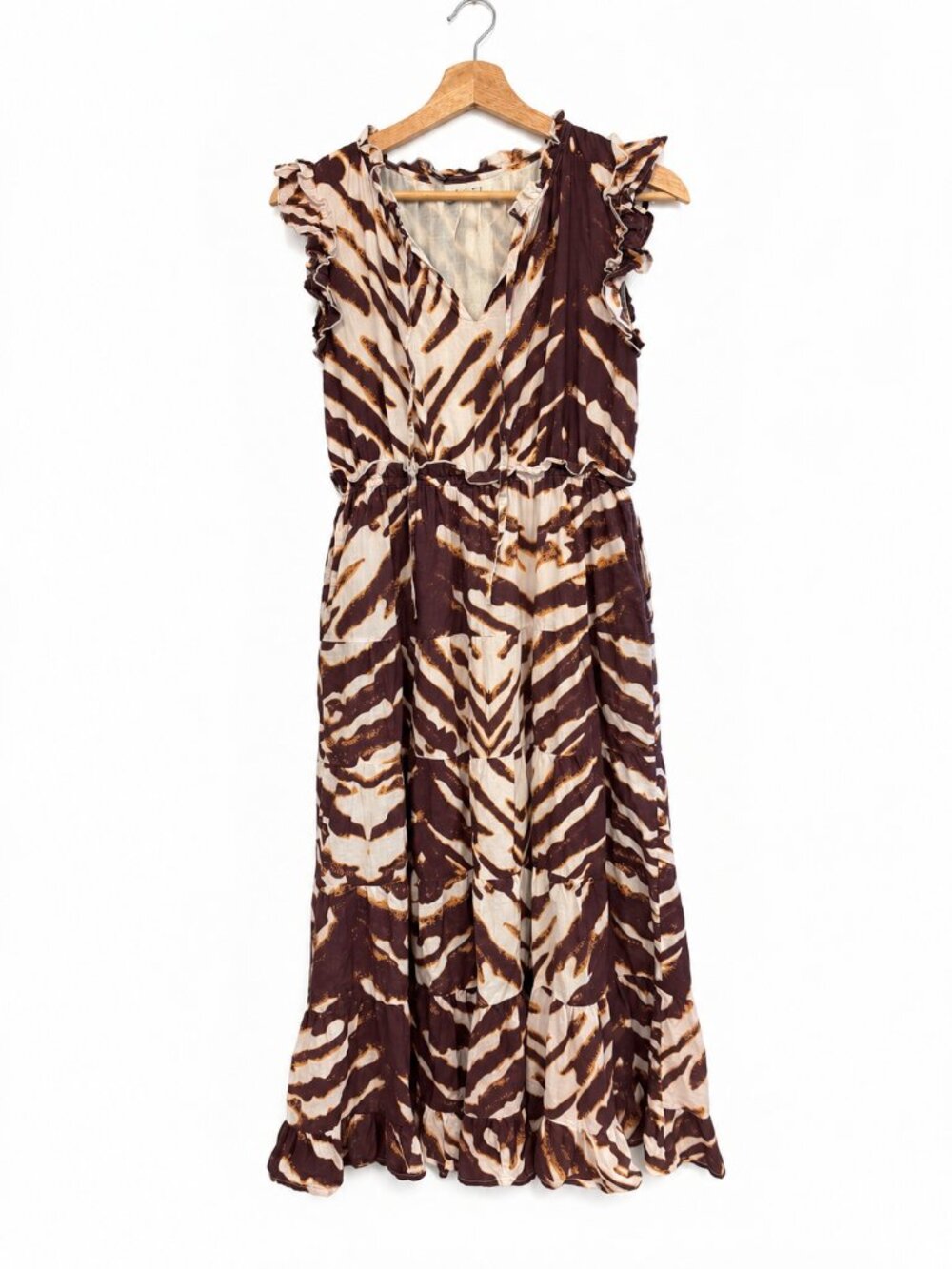THML Tiger Print Tiered Maxi Dress Ruffle Sleeve Split V-Neck Plum Cream Boho S